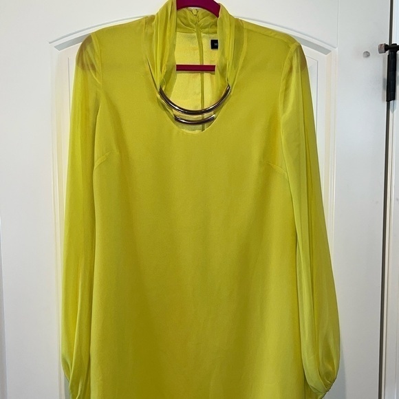 Bright bold lemon yellow tunic dress-metallic Art Deco neckline size small - Picture 2 of 8
